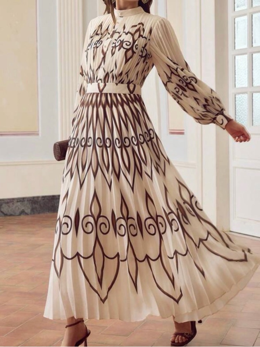 Cream and Brown Pleated Maxi Dress with Graphic Print